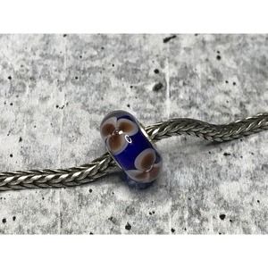 Trollbeads Glass Troll Bead ~ OOAK FLOWER ~ Blue w/ Red & White Flowers